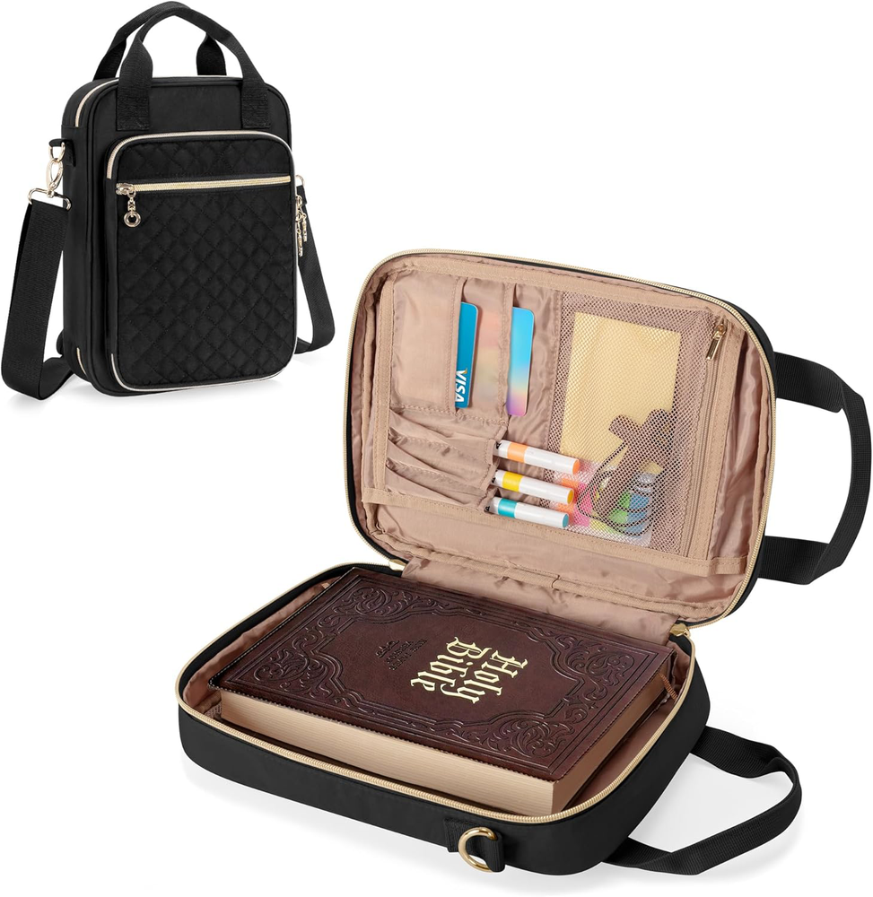 Bible Cover Case with Shoulder Strap for Women and Men, Black Quilted