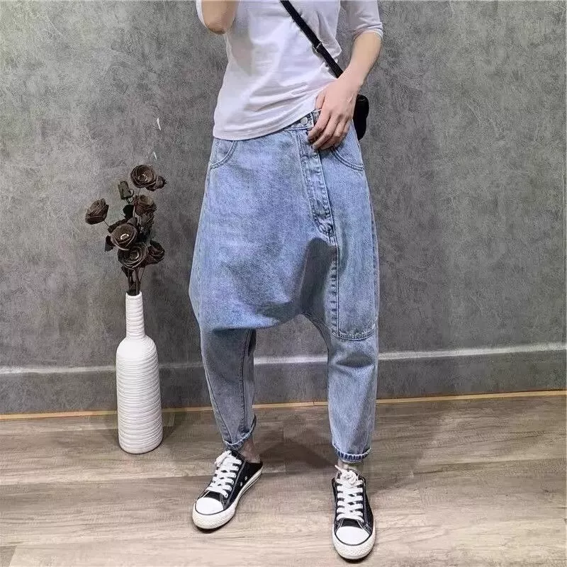 Men Fashion Denim Pants Harem Loose Trousers Irregular Drop Crotch Jeans Tapered