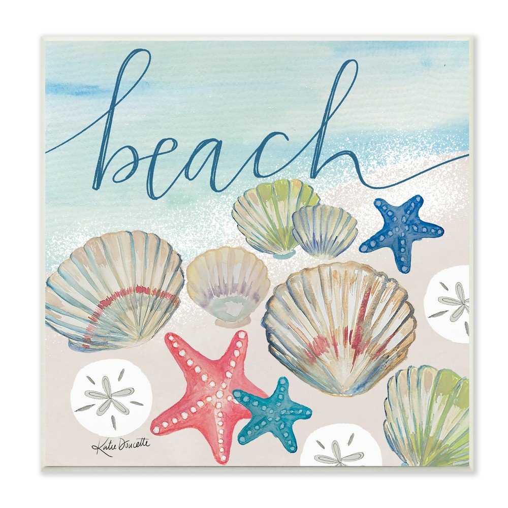 Stupell Beach Calligraphy Seashells Clams Starfish Ocean Foam Wood Wall Art -