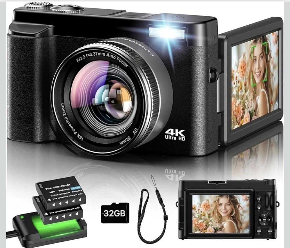 Digital Camera 4K  48MP 16X Autofocus Digital Zoom Photo Camera  3 Inch 180°