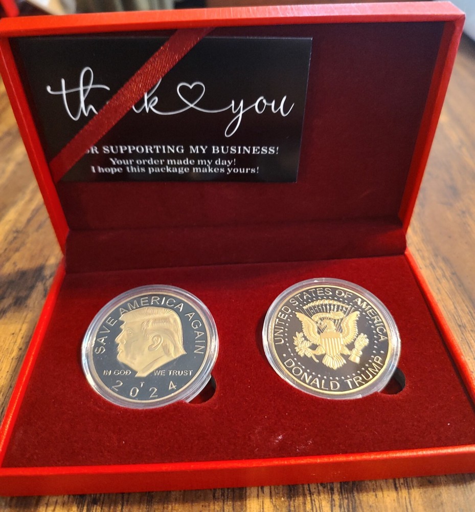 Gold Toned/Colored Trump 2024 Commerative Coin In Decorative Box