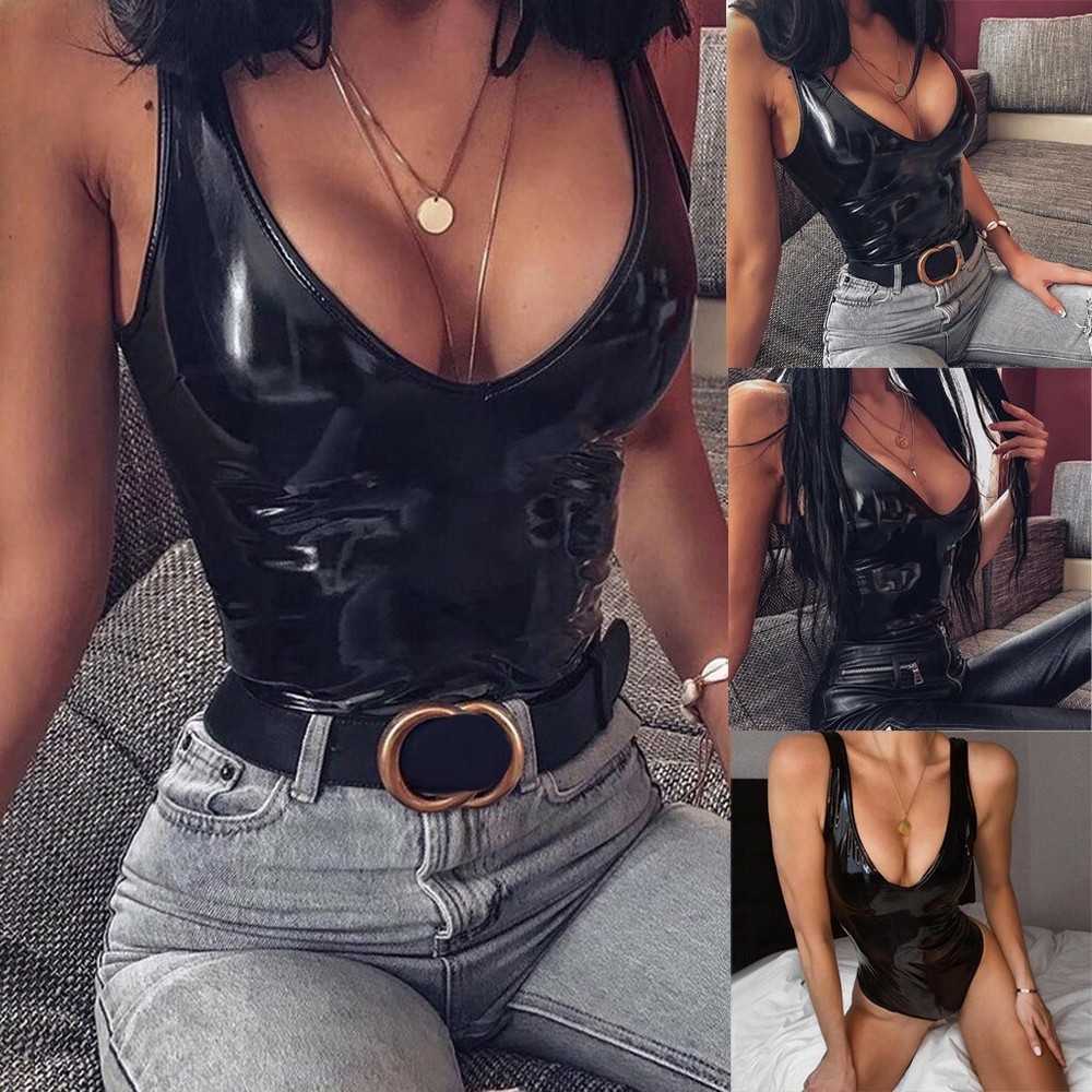 Womens Wetlook Leather Thong Leotard Bodysuit Clubwear Costume Jumpsuit Catsuit