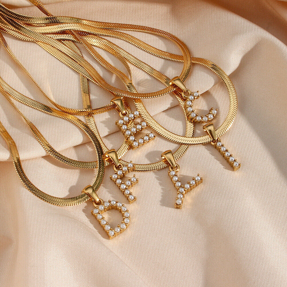 Women Girl Gold Plated Initial Necklace Pearl Letter Alphabet Pendant Chain Gift