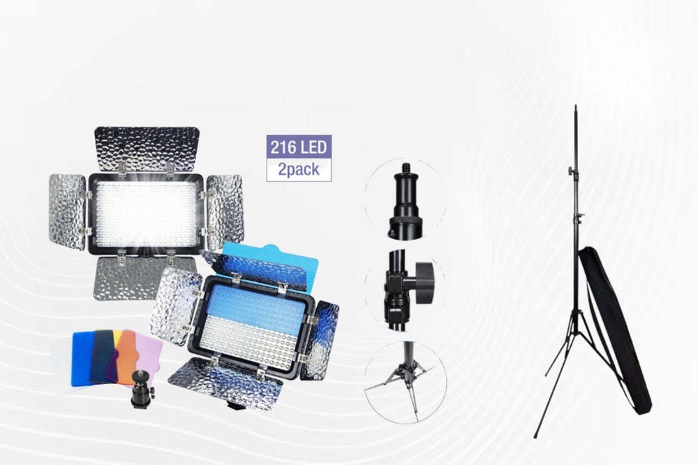 2 x 216 LED Video Light with Barndoors, Tripod Stand & Carry Bag