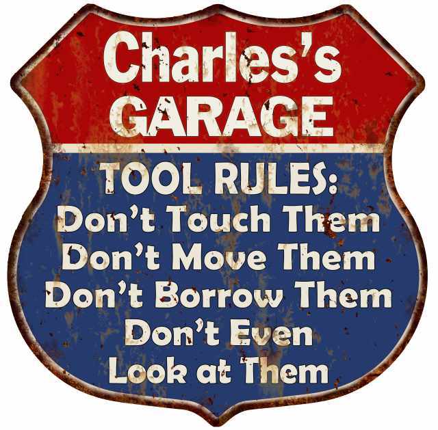 Charles's Garage Man Cave Rules Personalized Gift Shield Metal Sign 211110001382