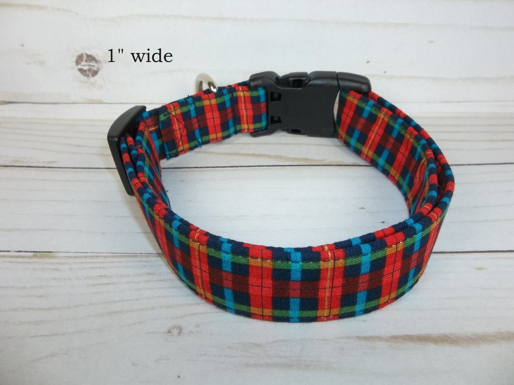 Festive Plaid Adjustable Dog Collar in Red Navy Green Gold