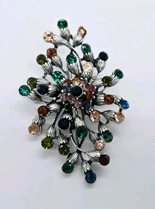 Extra Large Multicolor Crystal Flower Brooch Scarf Pin Silver Tone