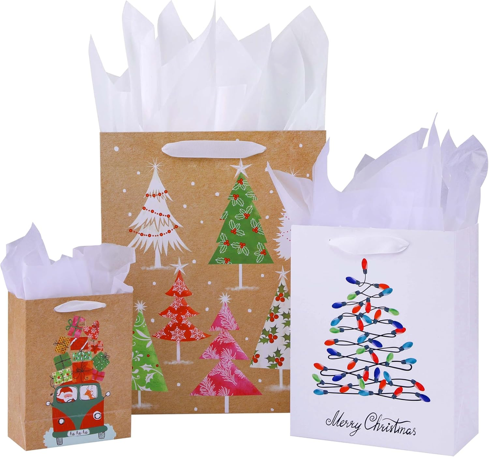 SUNCOLOR 9 Pack Christmas Gift Bags in Assorted Sizes with Tissue Paper - 3 Large 13x10x5