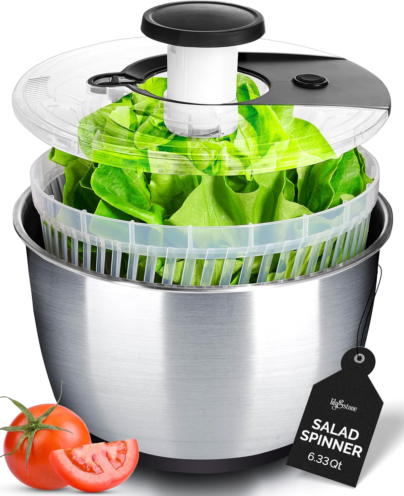 Stainless Steel Pump Salad Spinner Large - Easy Compact Kitchen Tool - Stainless