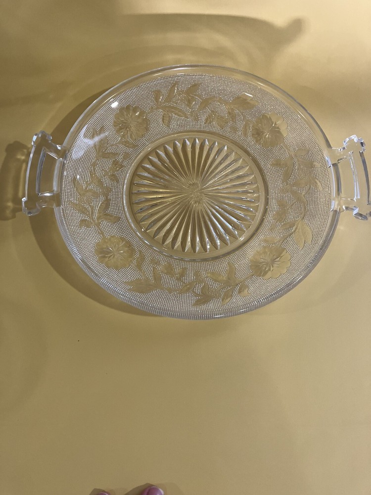 Serving Dish 9 inch Clear Glass Etched Flowers 2 Handles
