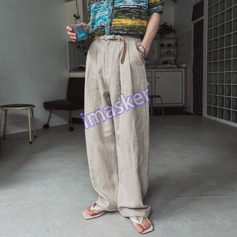 Linen Straight Casual Pants Mens Summer Loose Wide-leg Pants Korean Commuter New