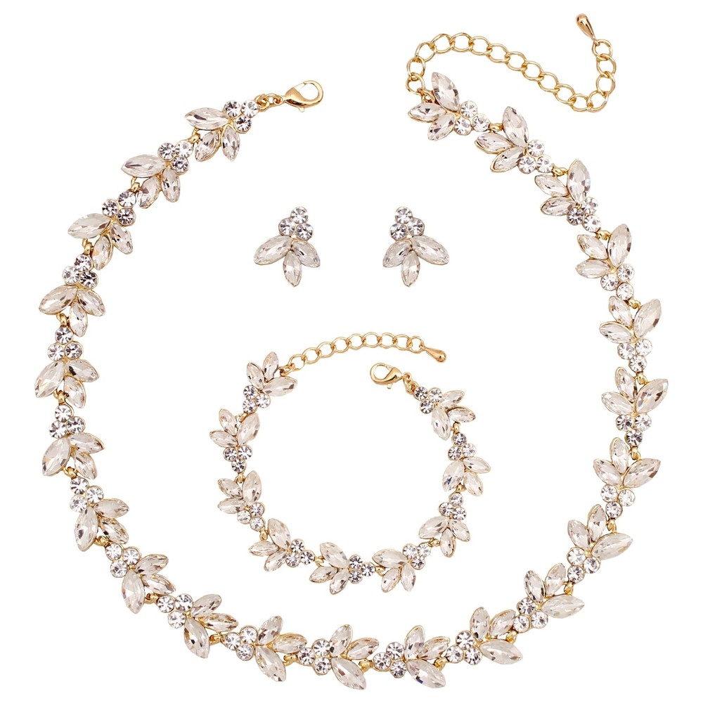 Bridal Crystal Leaf Choker Necklace Earring Bracelet Set for Brides
