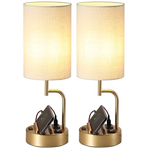 Table Lamp with 3 USB Charging Ports, Modern Desk Lamp with AC Outlet and Gold