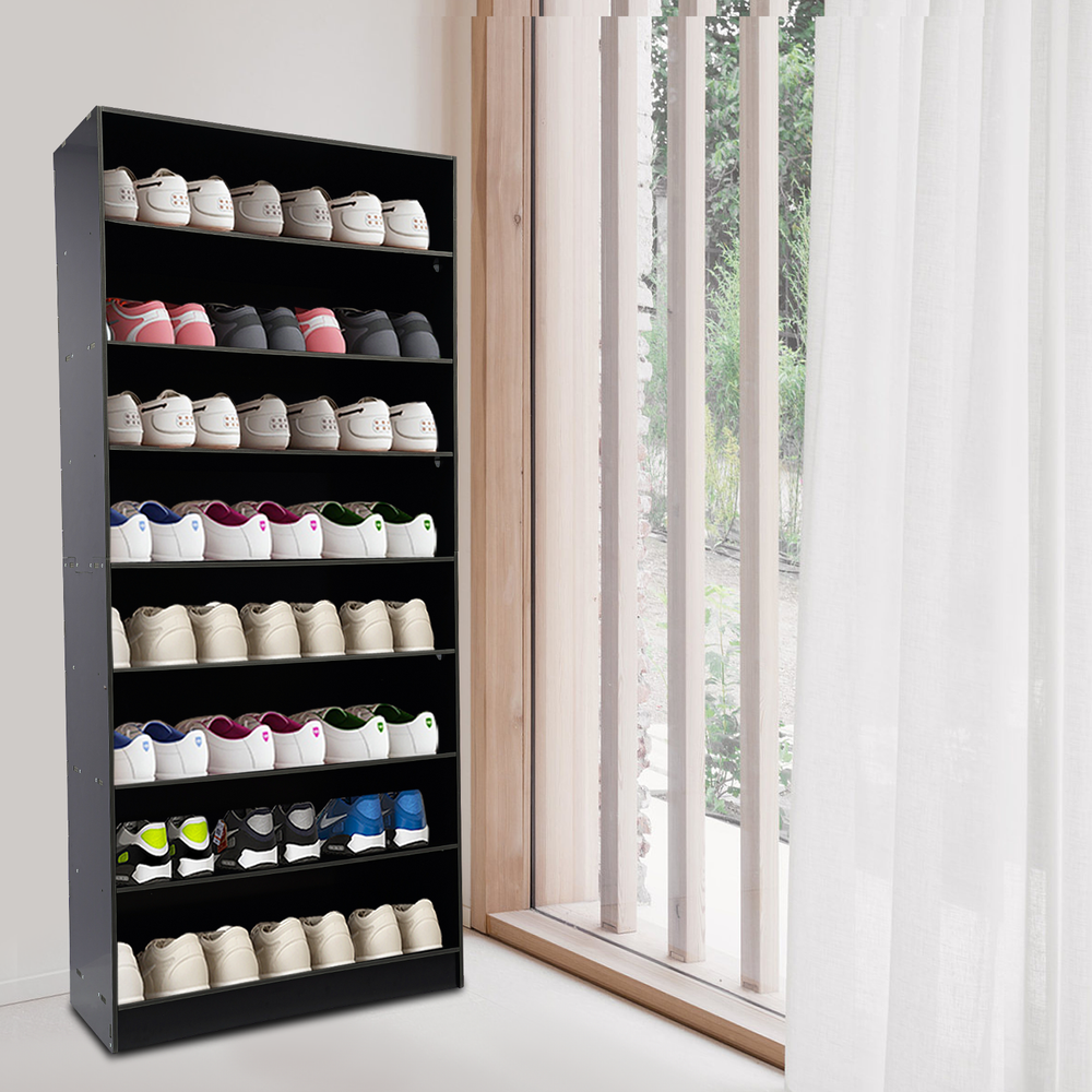 8-Tier Black Shoe Rack Cabinet Wooden Shelf Stand Storage Shoes Organizer Door