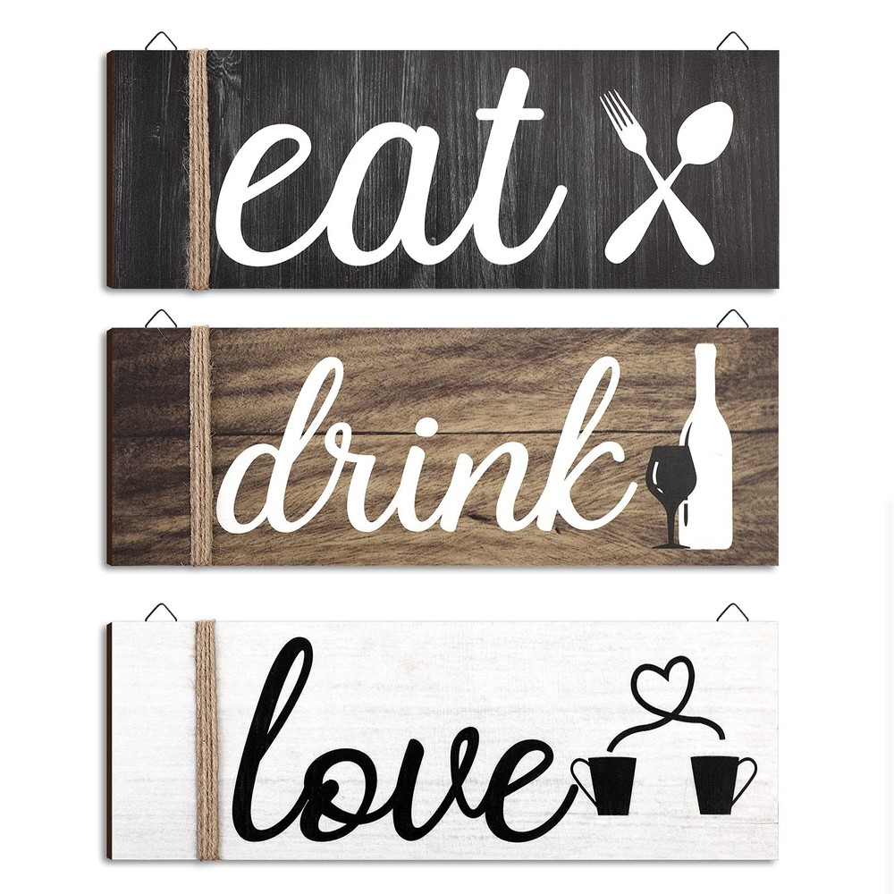 3 Pcs Farmhouse Kitchen Wall Decor Rustic Wooden Home Eat Drink Love Sign wit...