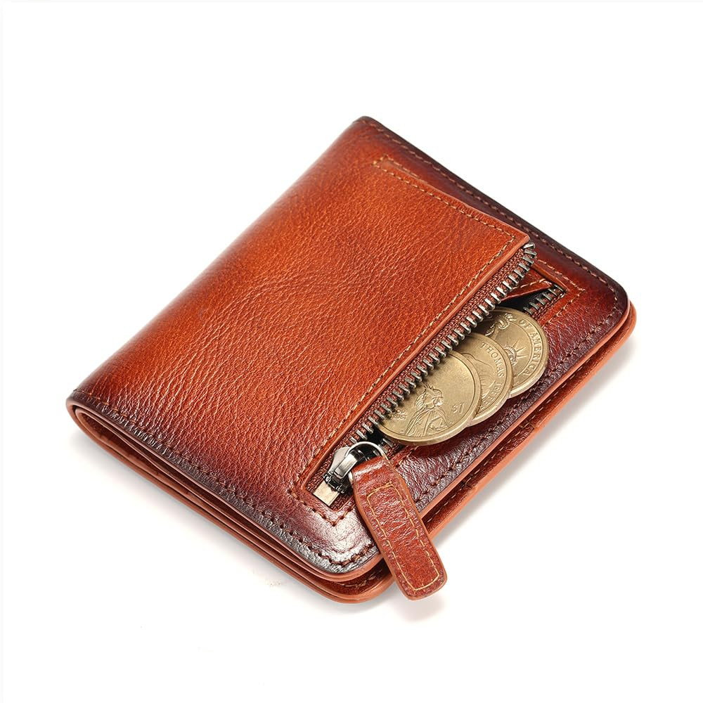 Slim RFID-Blocking Leather Wallet for Men with Multiple Card Slots and Zipper