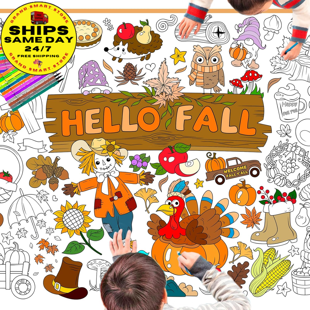 Hello Fall Jumbo Coloring Poster with 24 (12 Colors) Coloring Pens,Autumn