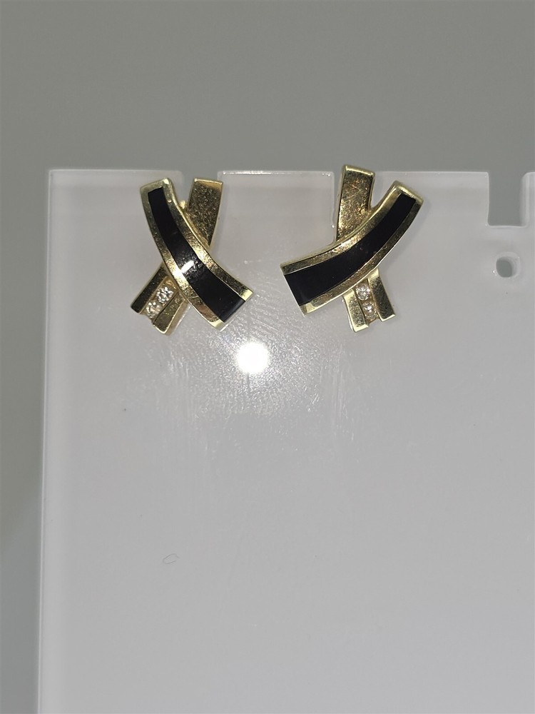 Vintage 14KY Onyx and Diamond X Stud Earrings. .08 cttw .50