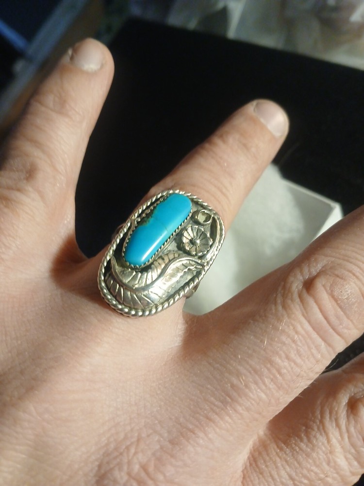 Blue Turquoise Sterling Silver Feather & Flower Engraved Pendant (12)