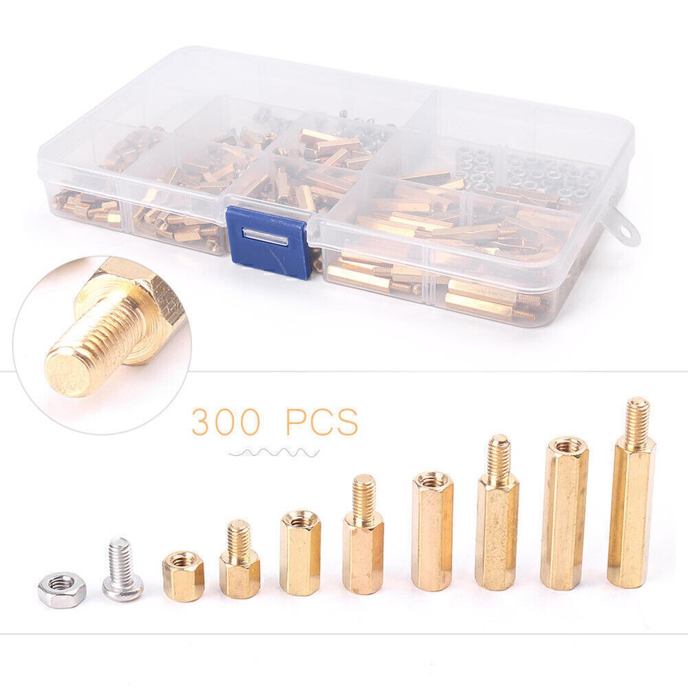 300PCS M3 Brass Hex Column Standoff Spacer Screw Nut Assortment Kit Box