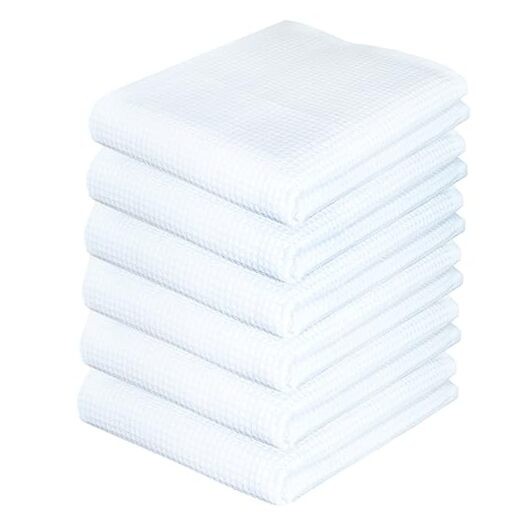 Premium 6-Pack White Waffle Weave Kitchen Towels 100% Cotton 15x25 Inches