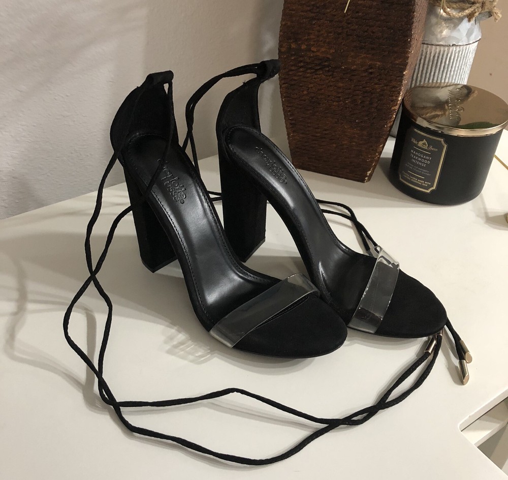 Charlotte Russe Black Suede Block Heel with Clear Toe Strap Size 8
