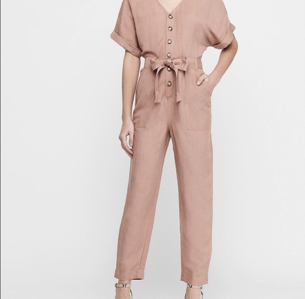 Express Button Front Utility Jumpsuit Womens XS P Belted Pockets Dark Blush Pink