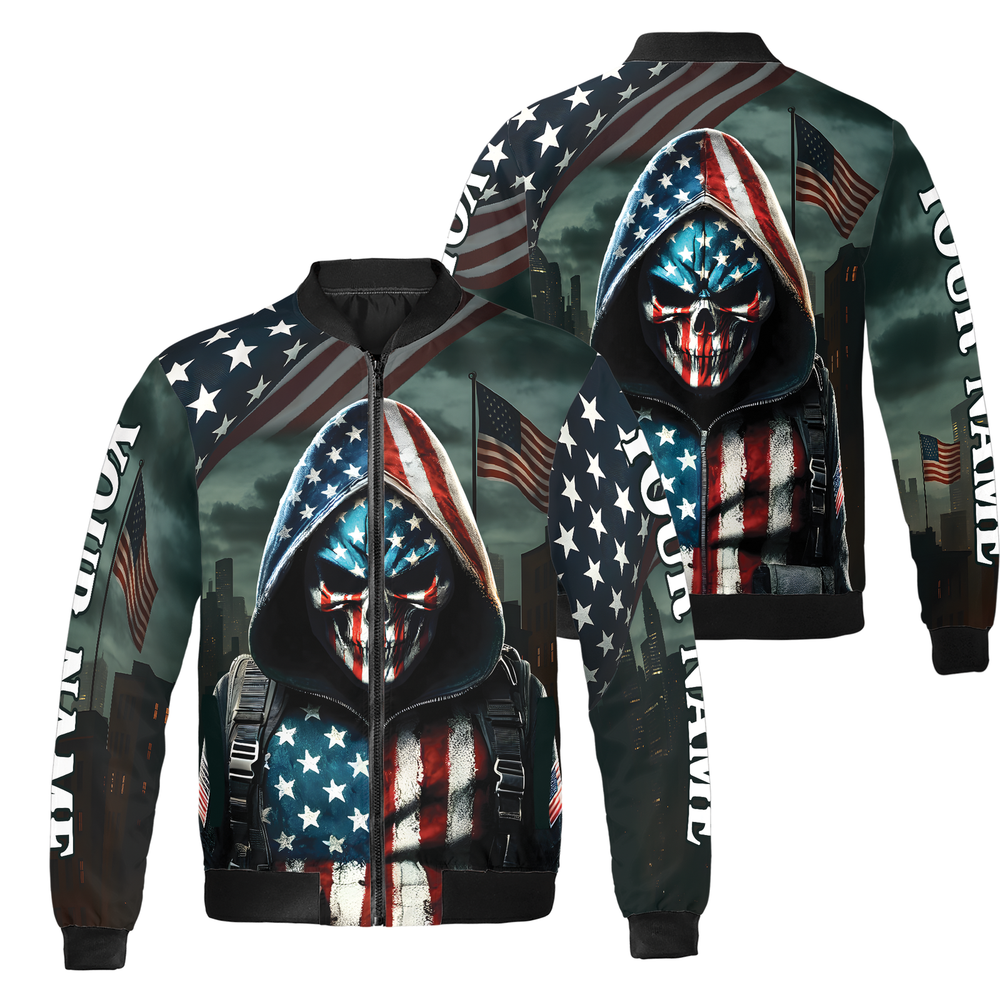 Custom Patriotic USA Flag Skull Bomber Jacket for Men-image