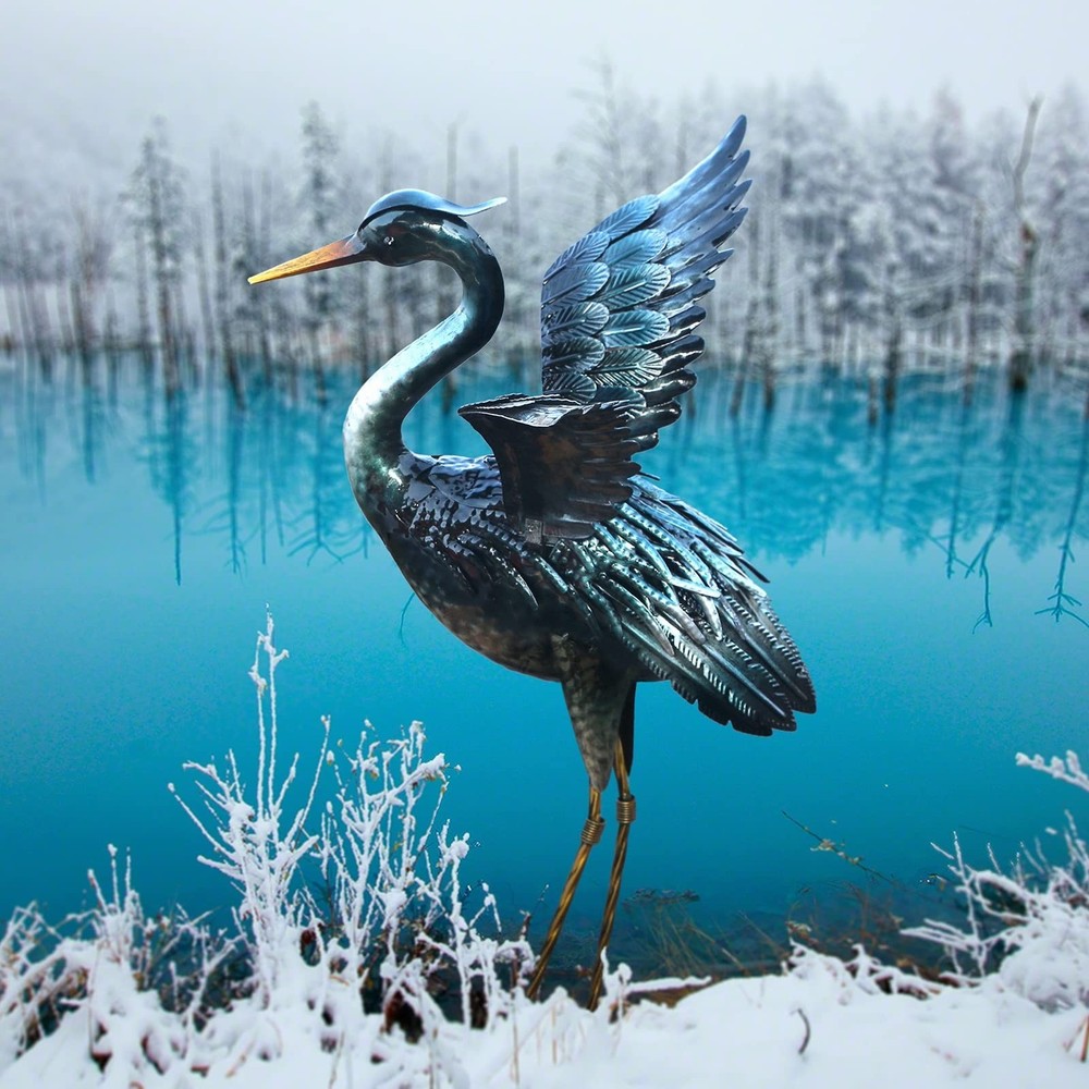 Metal Heron Crane Garden Statue Sculpture for Outdoor Yard Art Decor