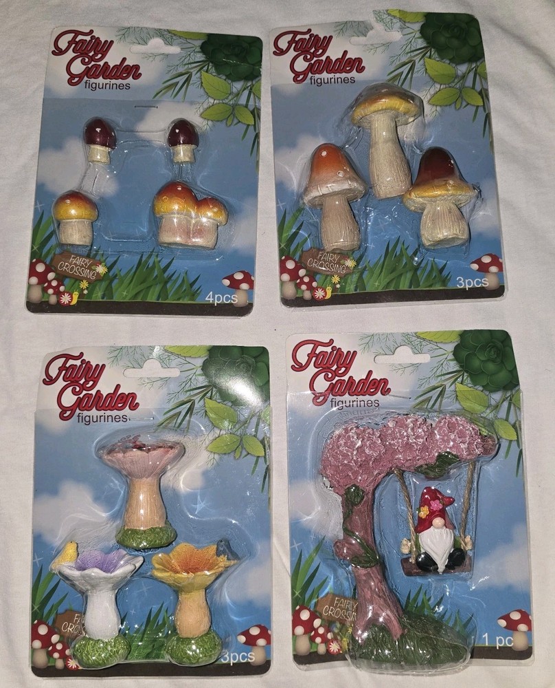 Miniature Fairy Garden Figurines - Gnome Swing, Bird Baths, Mushrooms Set of 4