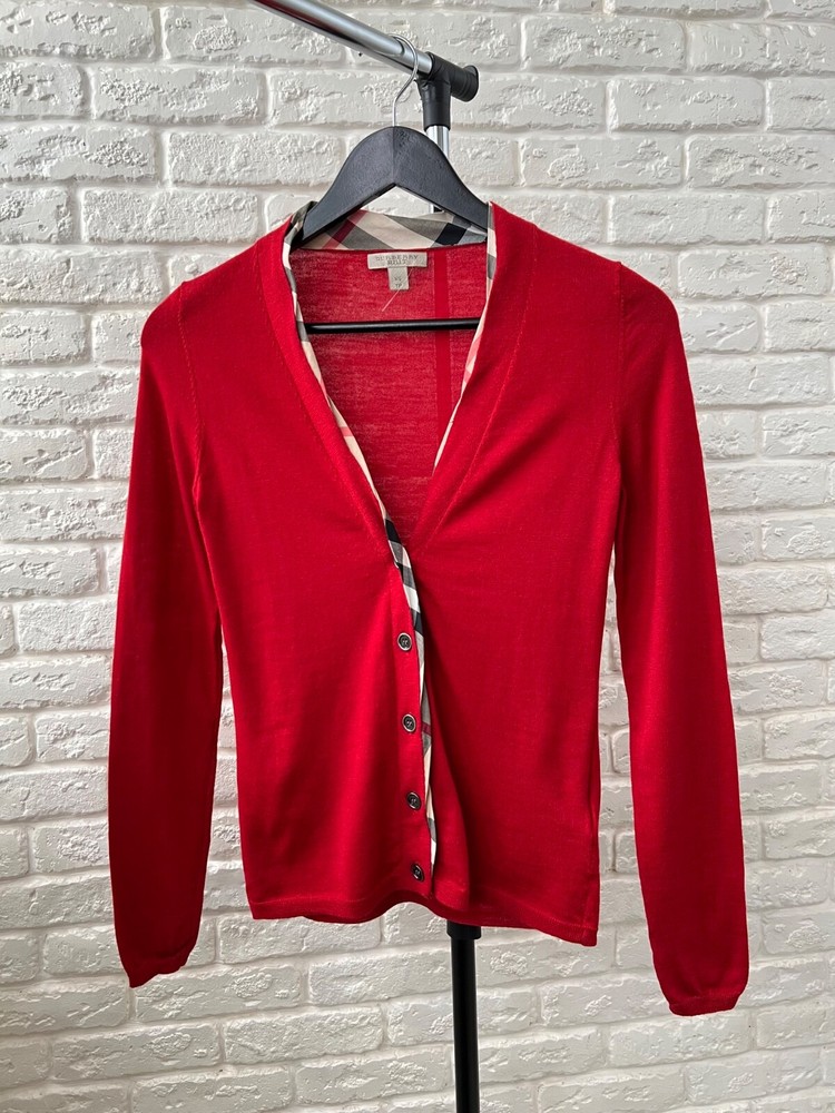 Burberry Brit Red Checked 100% Wool Cardigan Sweater Women's Size XS