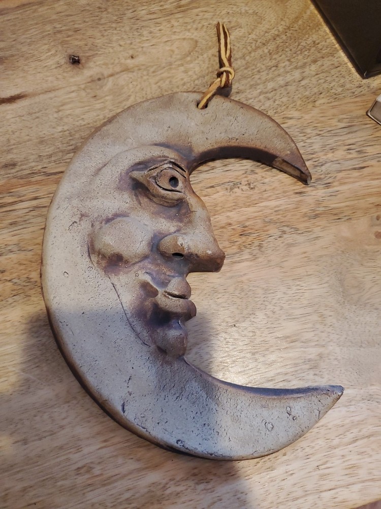 Sculpted Clay Crescent Moon Wall Art with Man in the Moon Face