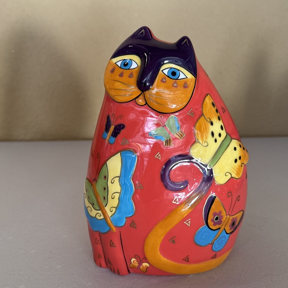 Vintage Laurel Burch Purple Fat Cat Piggy Bank 8”