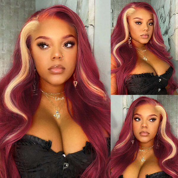 Long Red Wavy 13x4 Lace Front Wig with Blonde Highlights Glueless