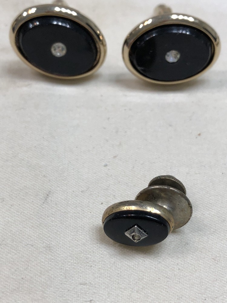 Classic Black Onyx Cuff Links & Matching Tie Tack With CZ/ Diamond Chip