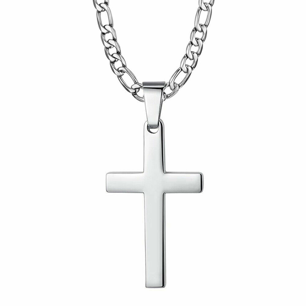 Mens Silver Cross Pendant Necklace Stainless Steel Figaro Necklace Chain 18