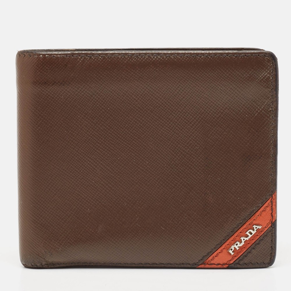 Prada Dark Brown Orange Saffiano Leather Bi-Fold Wallet with Metal Accents