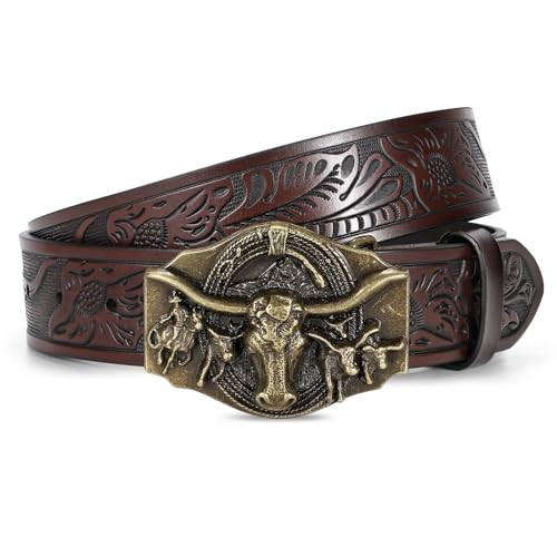 Western Leather Cowboy Belt for Men and Women, Coffee Color, Size 34