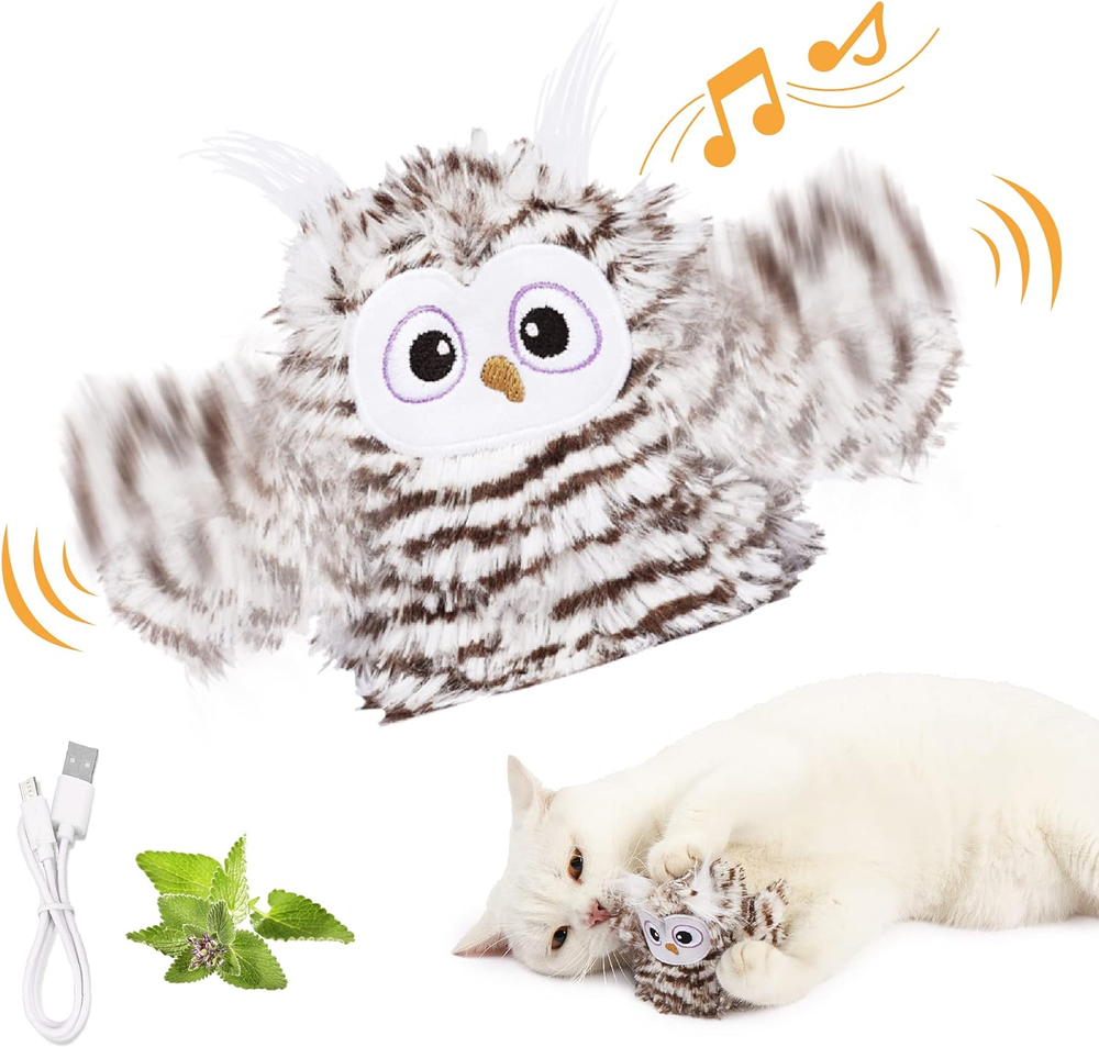 Interactive Cat Toy Rechargeable Automatic Chirping Owl Kitten Toy with Catnip,