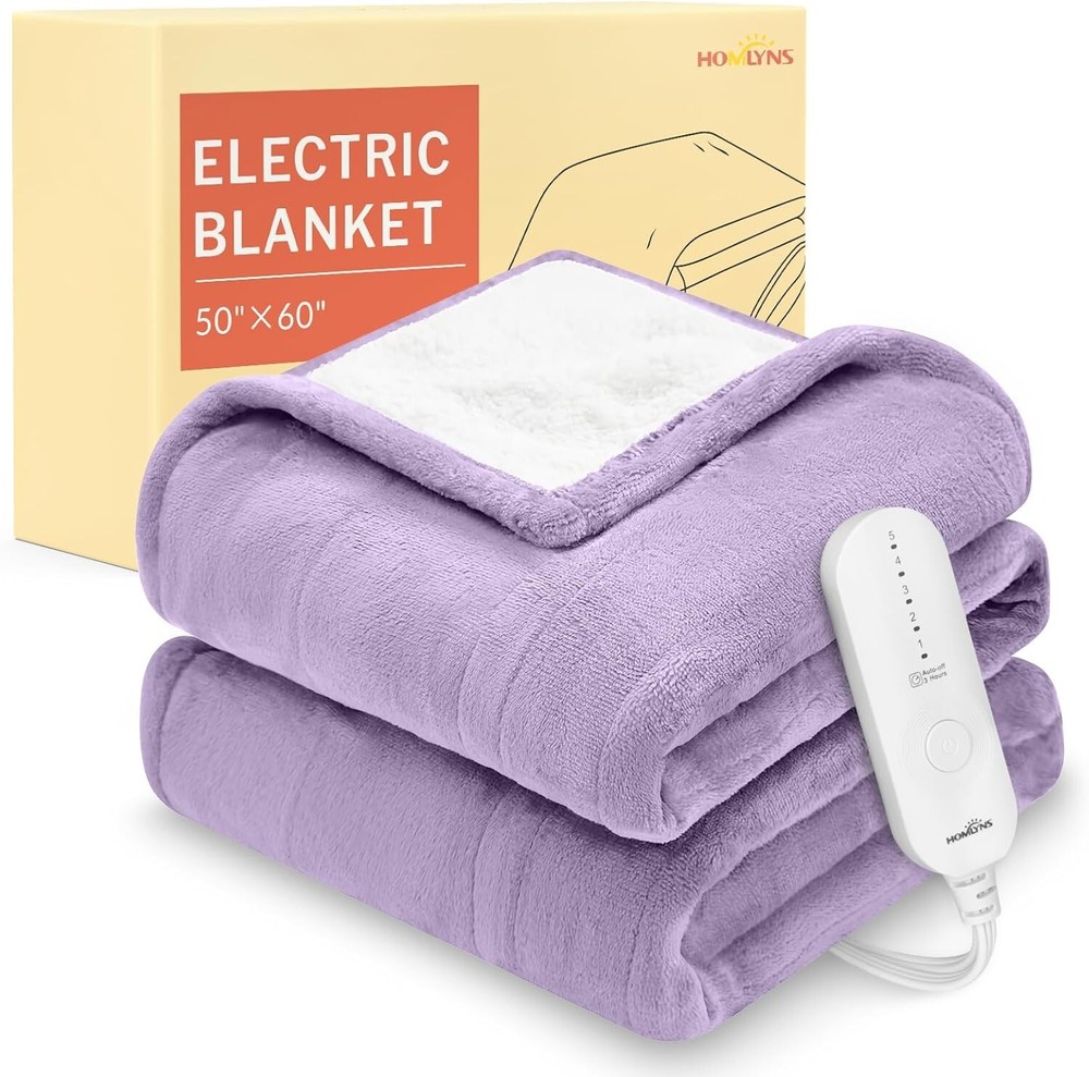 HOMLYNS LuxeHeat Heated Blanket: 5 Heat Settings, Timer, Flannel Sherpa, 50x60