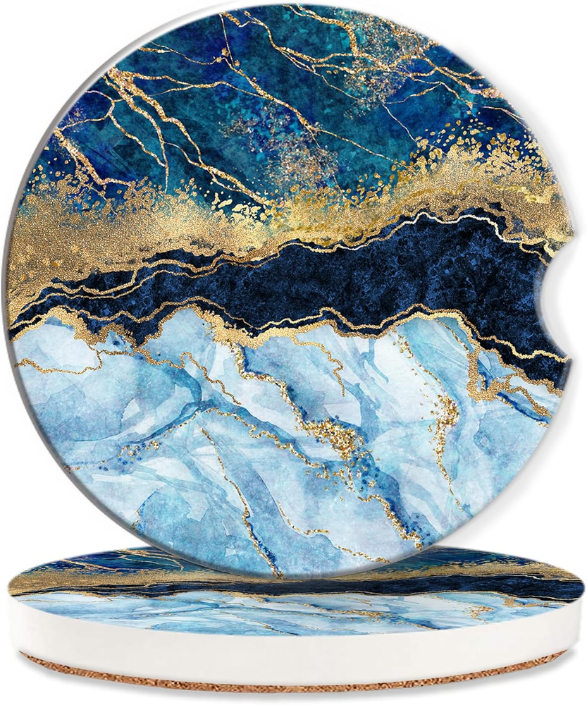 Blue White Gold Marble Car Coasters for Women 2 Pack,Abstract Absorbent Car Coas