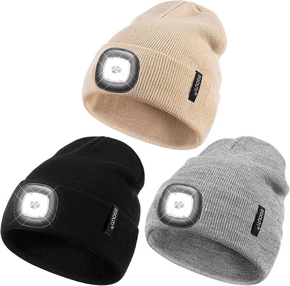 Beanie with Light for Men Women, Winter Hat Black, Beige, Gray