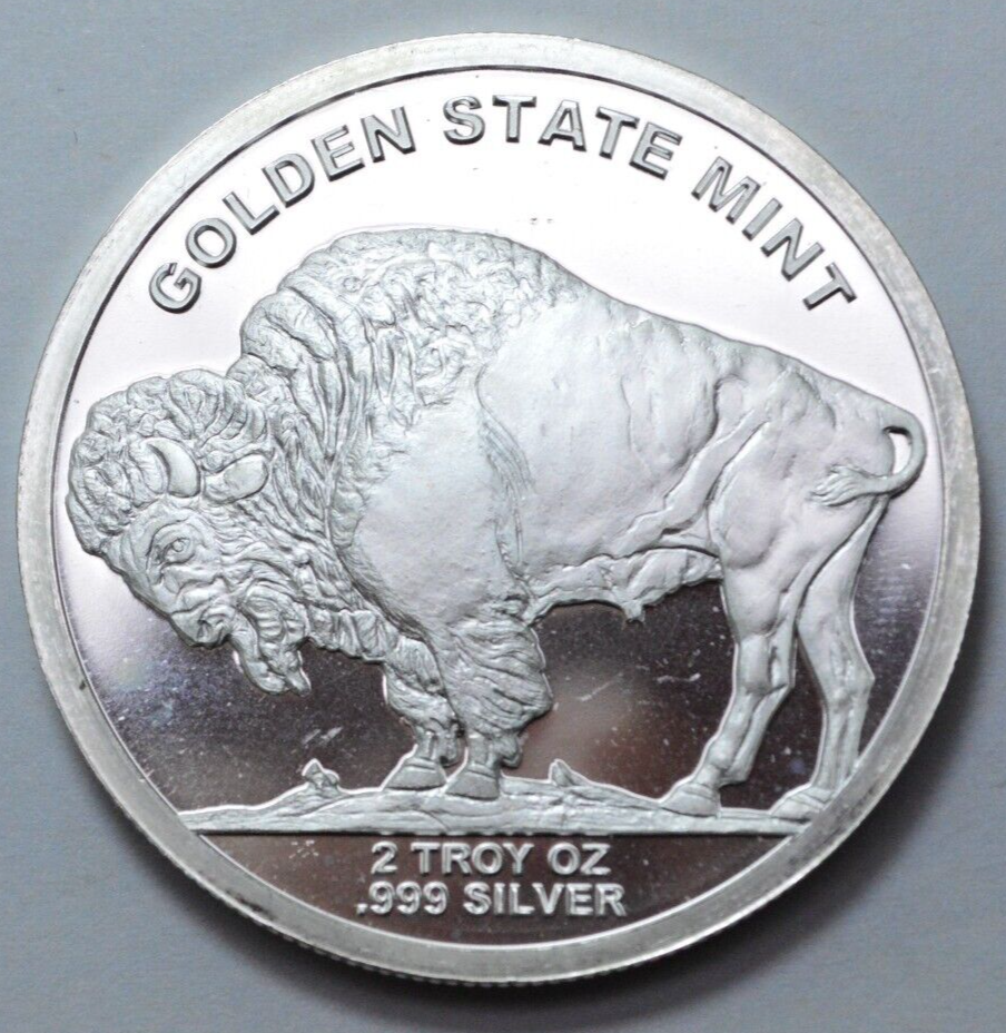 2 OZ 999 SILVER ROUND INDIAN HEAD BUFFALO LIBERTY HUGE COIN GOLDEN STATE MINT,NR