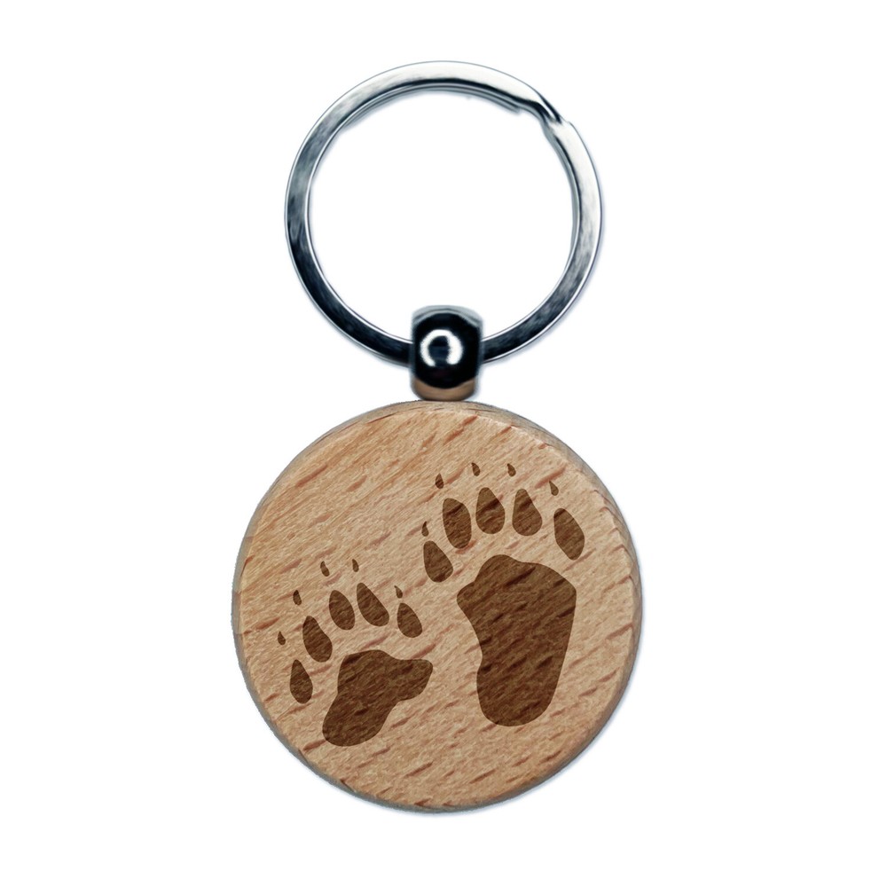 Bear Tracks Animal Paw Prints Engraved Wood Round Keychain Tag Charm