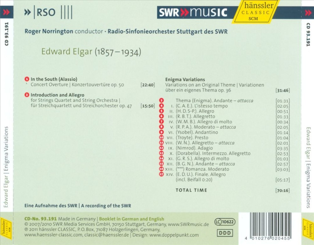 ROGER NORRINGTON / SWR STUTTGART RADIO SYMPHONY ORCHESTRA ELGAR: ENIGMA VARIATIO