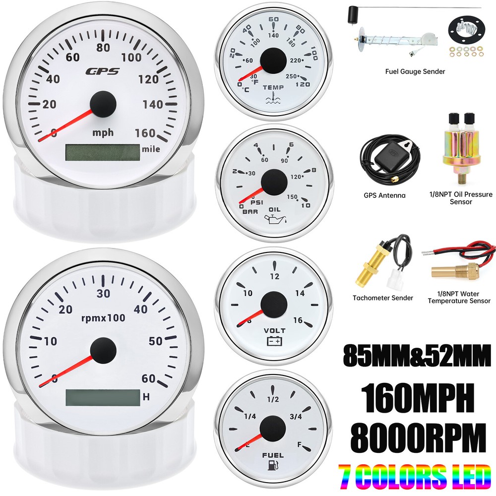 85mm 6-Gauge Set with GPS Speedometer 160MPH Tachometer Fuel Oil Temp Volt