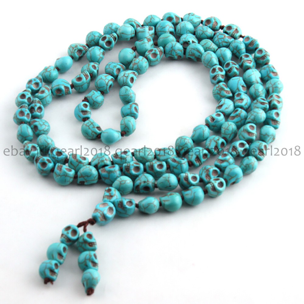 Turquoise Carve Skull 10x12mm 108 Prayer Beads Tibet Buddhist Mala Necklace