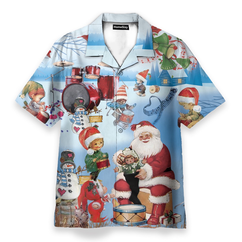 Funny Christmas Hawaiian Shirt with Playing Drums Design Button Up Shirt for Holiday Fun