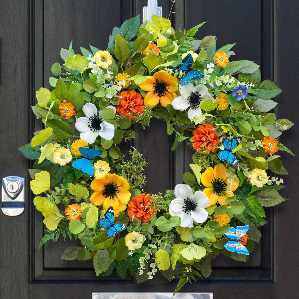 24-Inch Spring Summer Floral Wreath for Front Door Artificial Greenery Decor