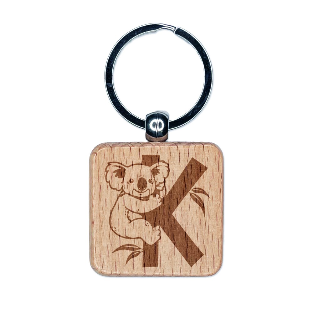 Animal Alphabet Letter K for Koala Engraved Wood Square Keychain Tag Charm